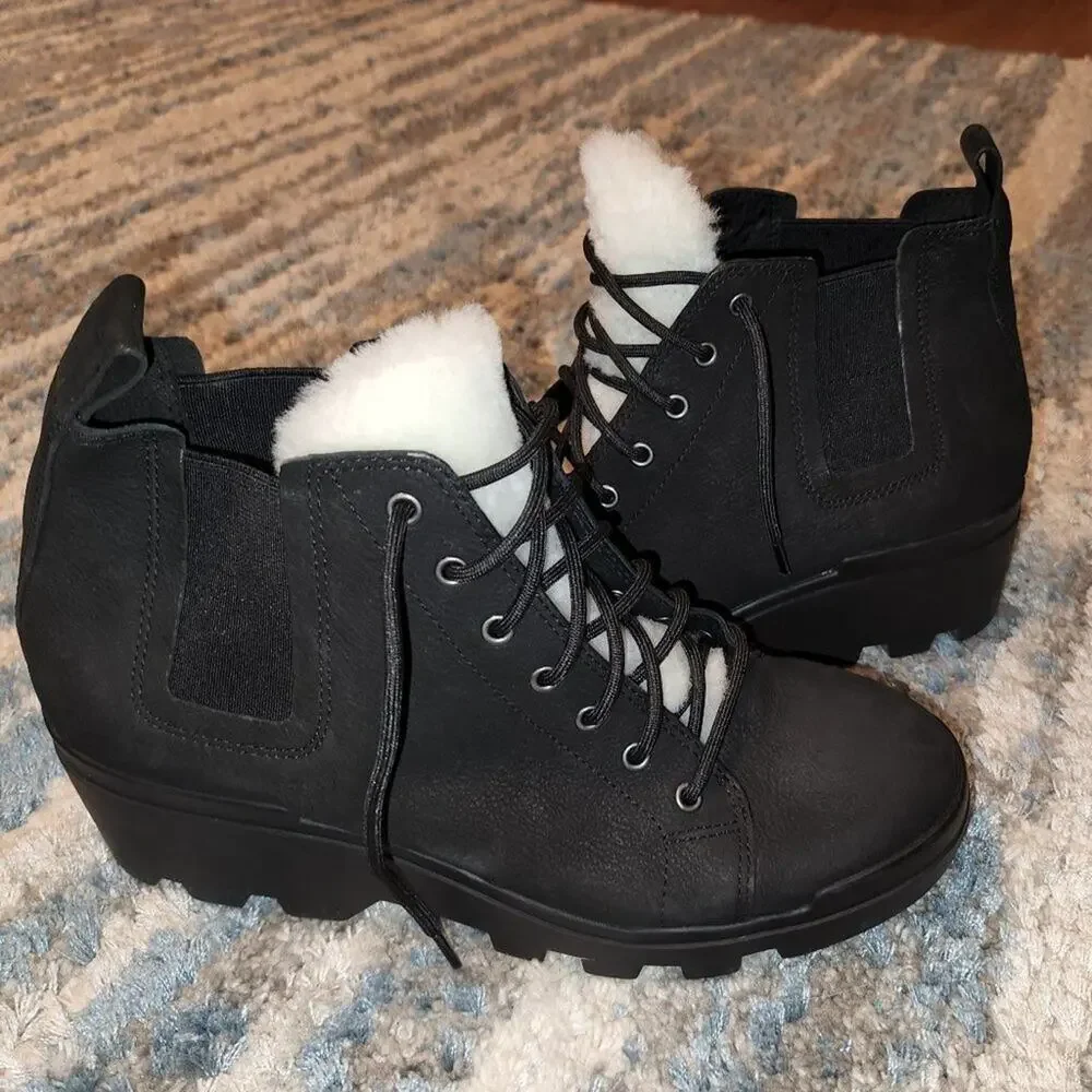 Eileen Fisher Womens Calm Black Suede Fur Trim Lace Up Ankle Booties 7.5